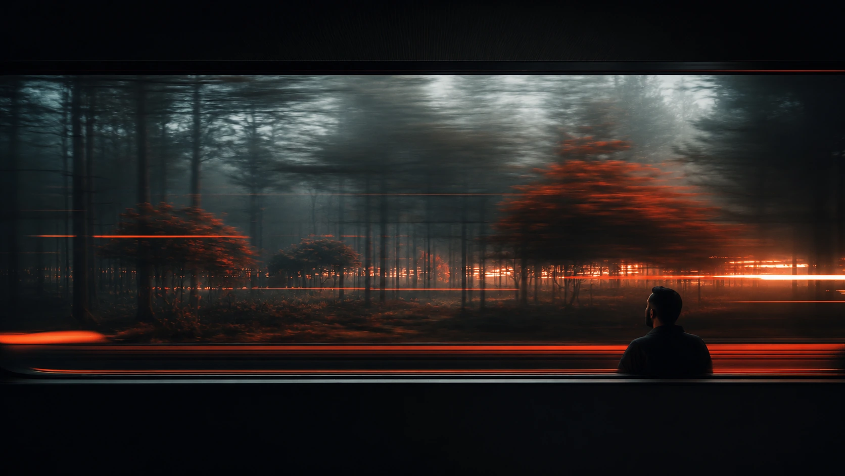A passenger watching a dark forest blur past a train window streaked with orange light.