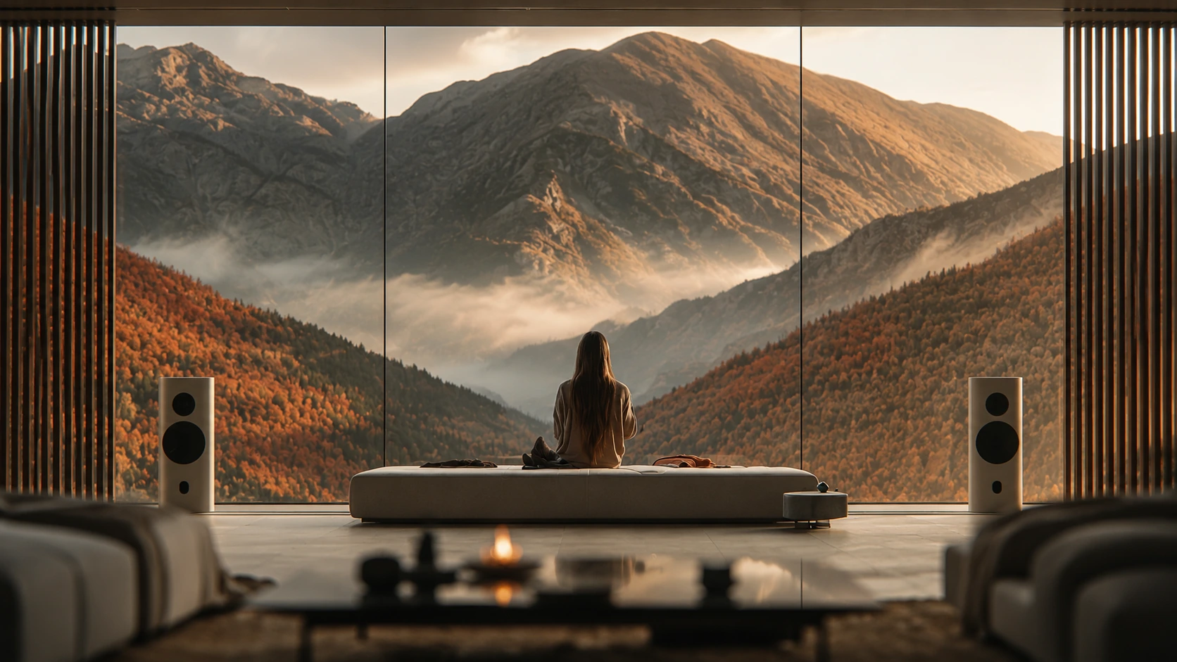 A traveller seated before a floor-to-ceiling mountain view in warm evening light.